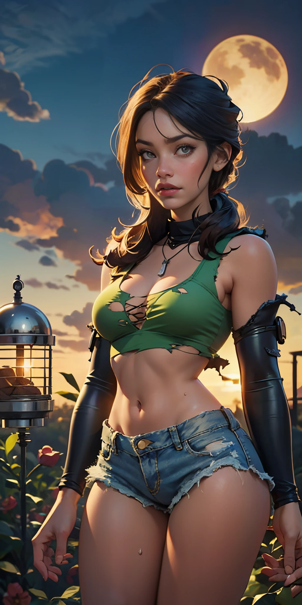 2076 year. N.uh. The Urban Ruins of the Wasteland, Female huntress picking fruit in the garden, beautiful face, torn shirt and denim shorts ,  long legs, sweating through, sun rising, Nice warm colors, head to toe full body shot