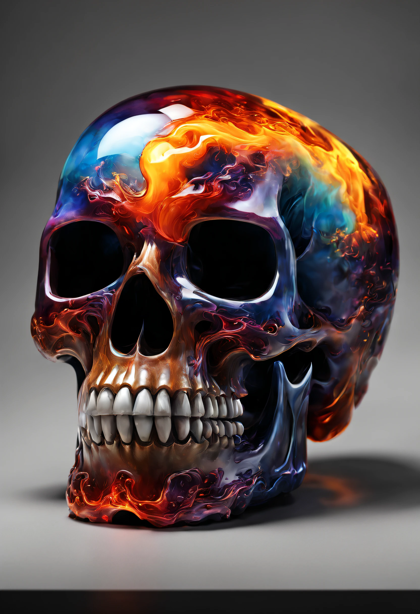 A realistic colored glass skull, beautiful and detailed. Which explodes when falling to the ground, the projections are textured like lot of colorful dreaming dust and Lava and fire Explosion.
