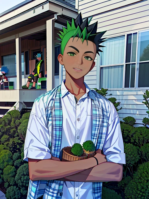 arafed young boy with green mohawk standing in front of a house, boy has short black hair, with a mohawk, by Wayne England, tyler, by Matt Cavotta, with broccoli hair, checkered spiked hair, by Josh Bayer, by John Luke, by Matthew Smith, by Daniel Taylor