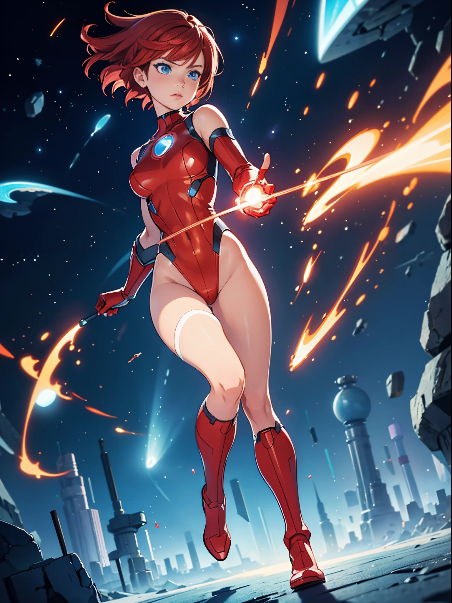 1girl, redhead, bob hair, short hair, blue eyes, beautiful detailed eyes, superhero, mature woman, leotard, red leotard, bare legs, boots, gloves, atoms, glowing body, light surrounding her body, light particles, space backdrop, standing, hand on hip, perfect anatomy, cowboy shot, (full body shot), superpower, solo, single.