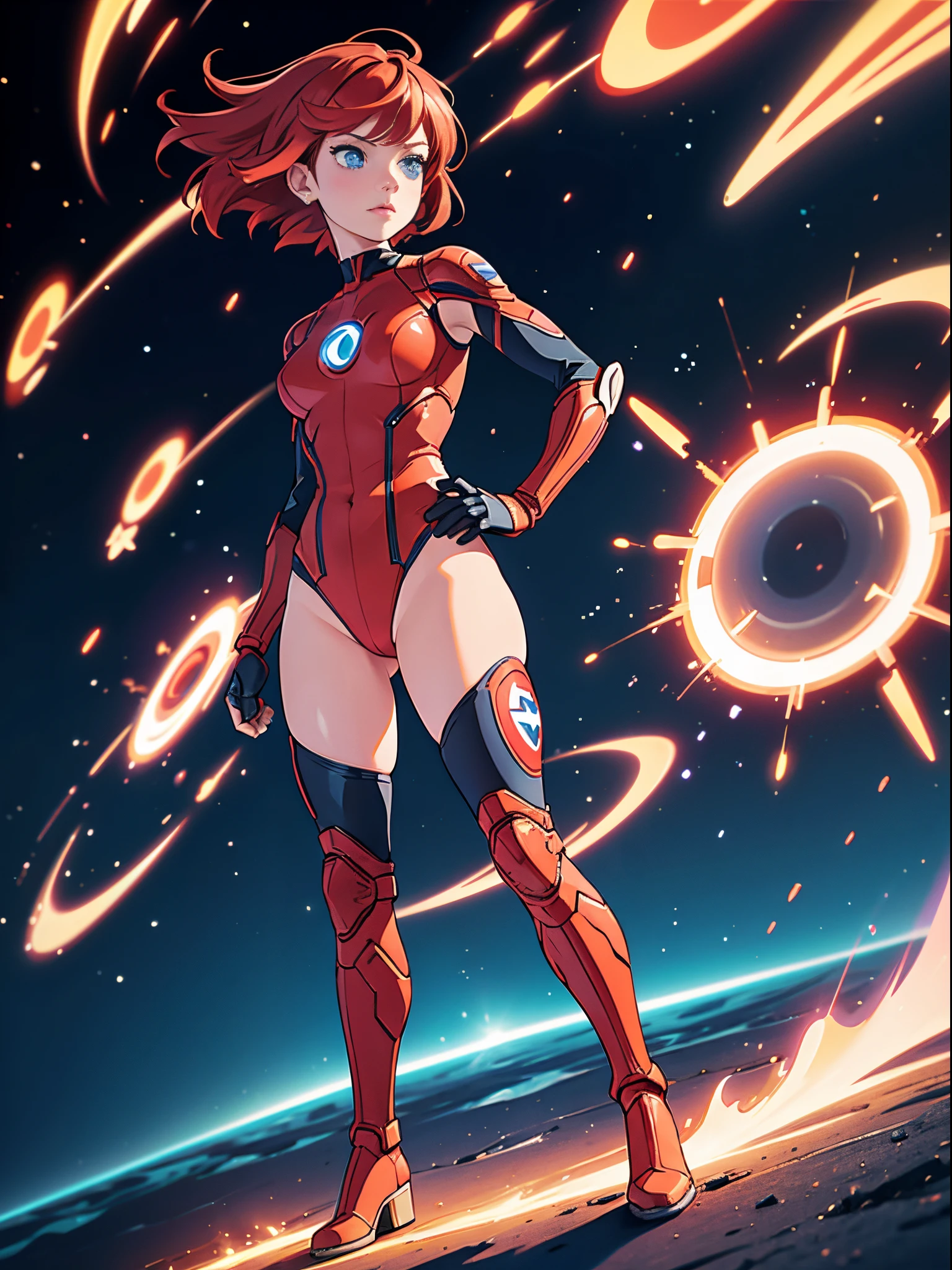 1girl, redhead, beautiful detailed eyes, superhero, mature woman, leotard, bare legs, boots, gloves, atoms, glowing body, light surrounding her body, light particles, space backdrop, standing, hand on hip, perfect anatomy, cowboy shot, full body shot, superpower.