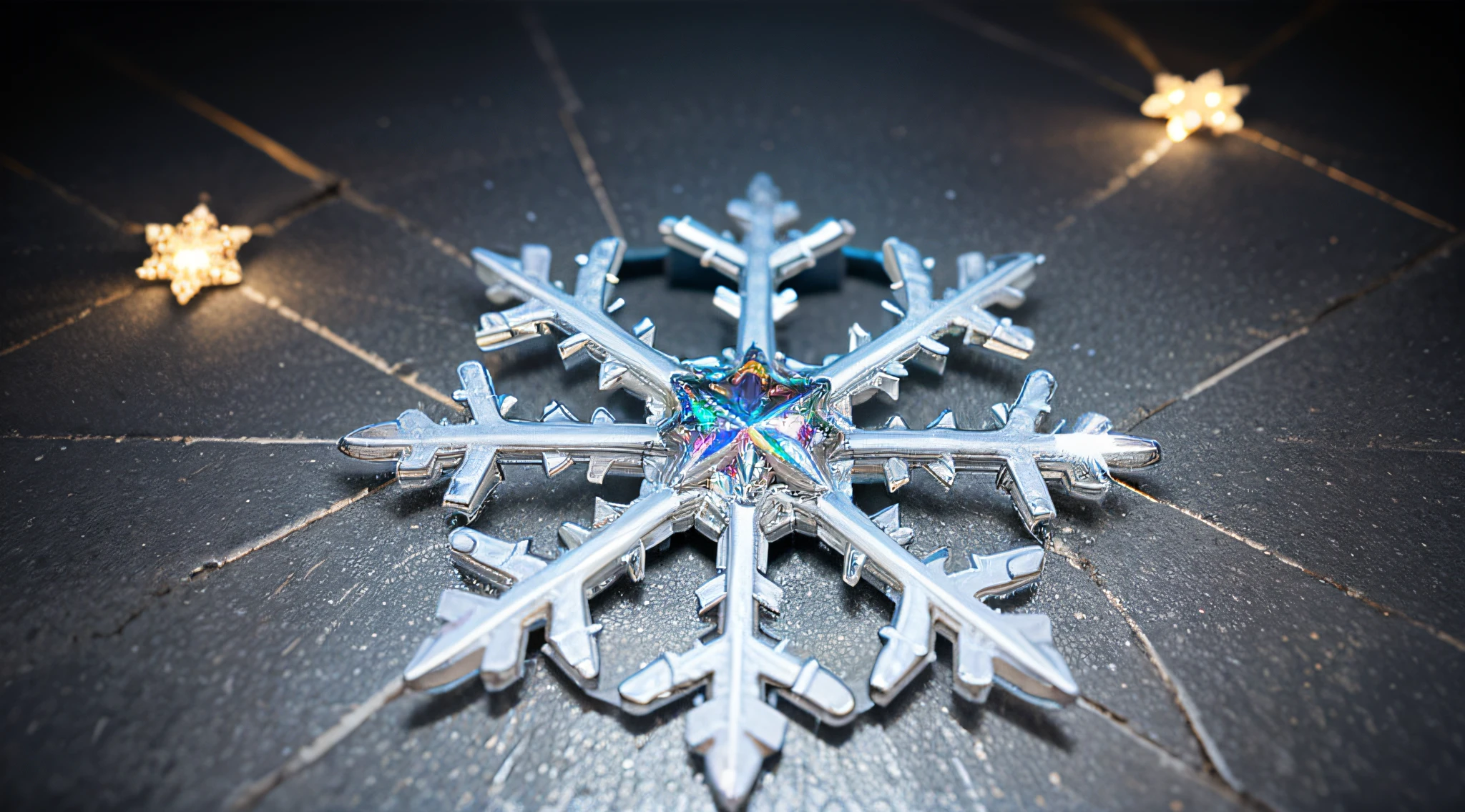 very detailed snowflake, surreal, colorful, multiple light spots