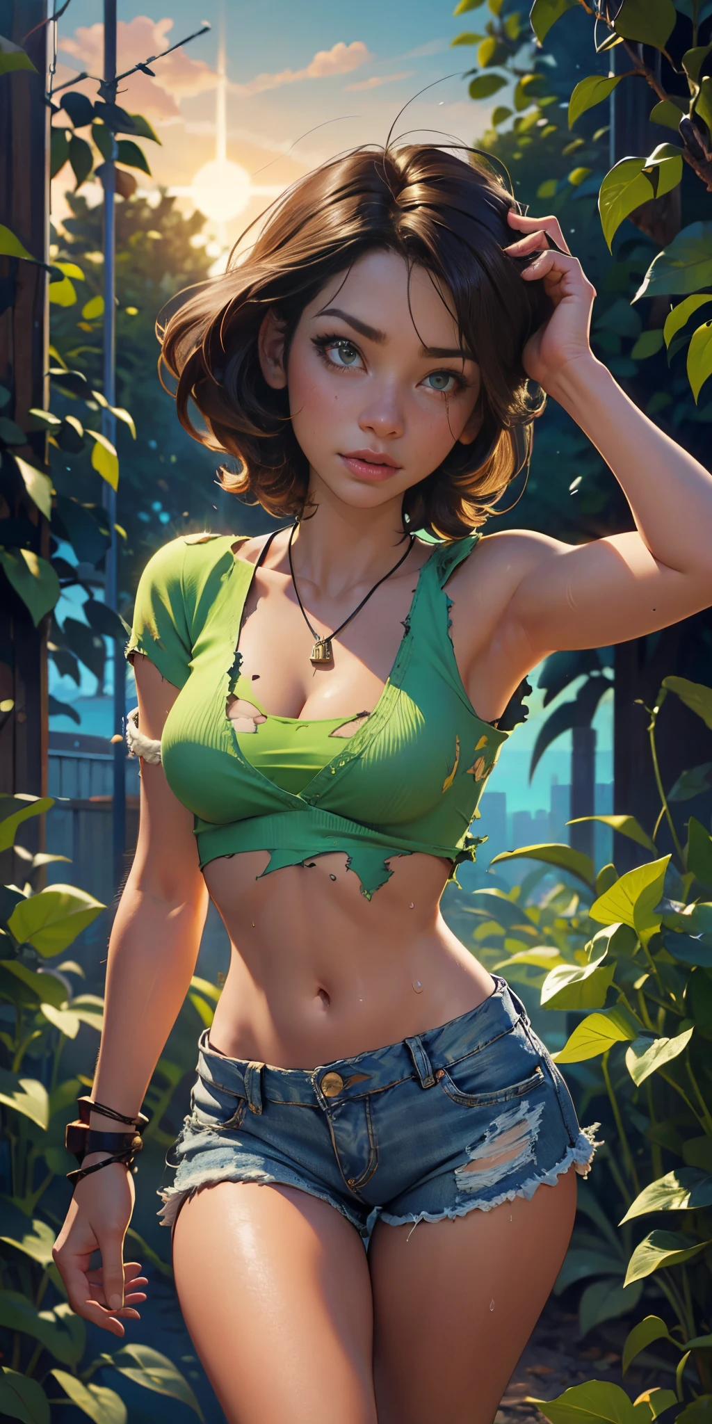 2076 year. N.uh. The Urban Ruins of the Wasteland, Female huntress picking fruit in the garden, beautiful face, torn shirt and denim shorts ,  long legs, sweating through, sun rising, Nice warm colors, head to toe full body shot