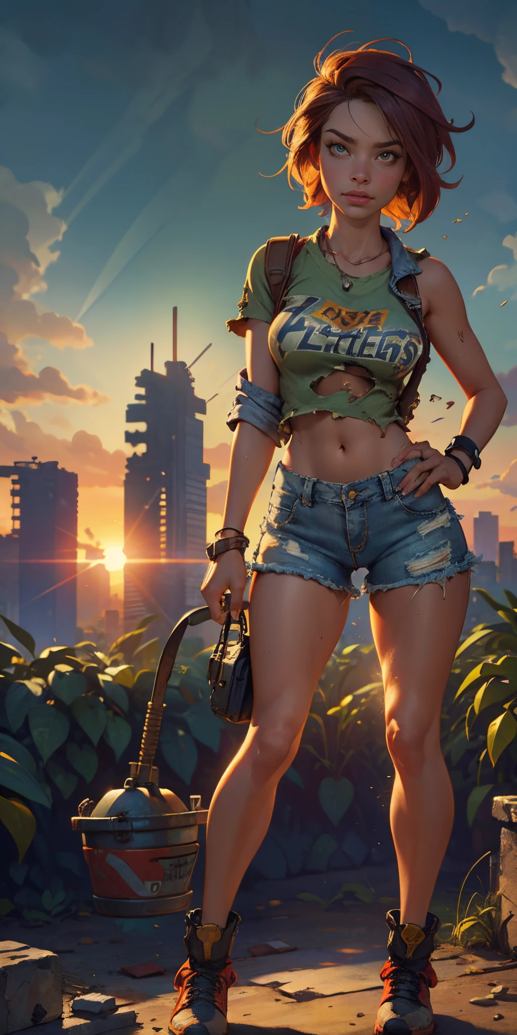 2076 year. N.uh. The Urban Ruins of the Wasteland, Female huntress picking fruit in the garden, beautiful face, torn shirt and denim shorts , long legs, sweating through, sun rising, Nice warm colors, head to toe full body shot