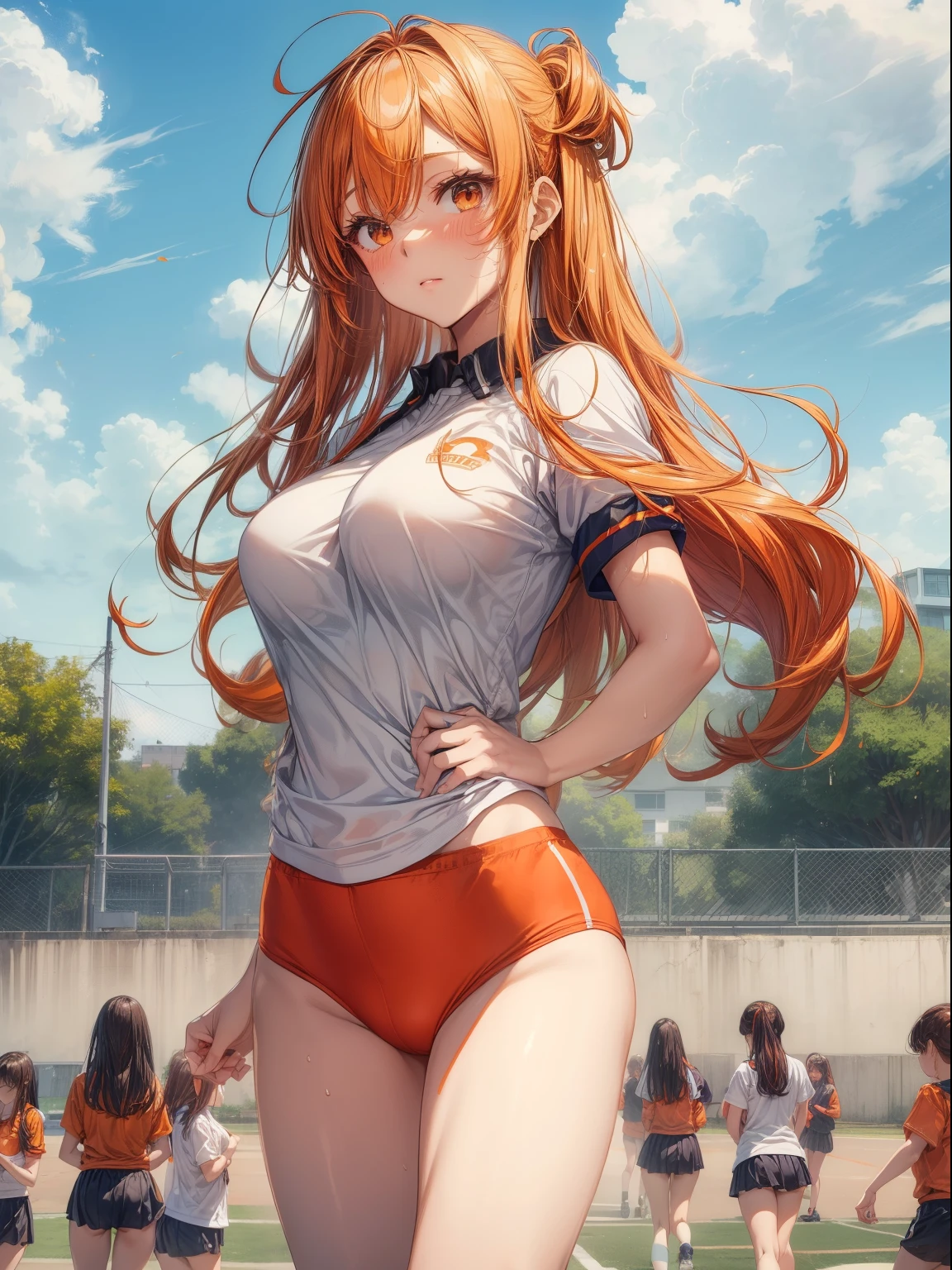 top-quality、Full limbs、complete fingers、((1girl in))、((one beautiful women、独奏))、Beautiful Large Breasts、Longhaire、straight haired、orange color hair、(white gym uniform)、((orange high leg spats、buruma))、schools、School Grounds、school buildings、sports ground、Sweaty and red face、Beautiful