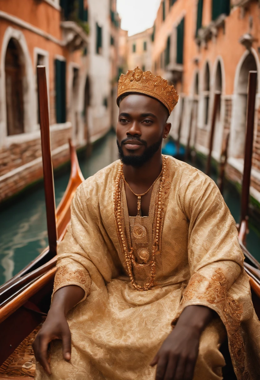 Adekunle is learning to ride a traditional gondola in the charming canals of Venice,original,Prince Adekunle Adebayo, a fictitious Nigerian royal, portrays himself with an aura of elegance and persuasive charm. He’s often seen in opulent, traditional Nigerian robes, his appearance crowned by a confident, yet earnest expression, designed to evoke trust and sympathy.