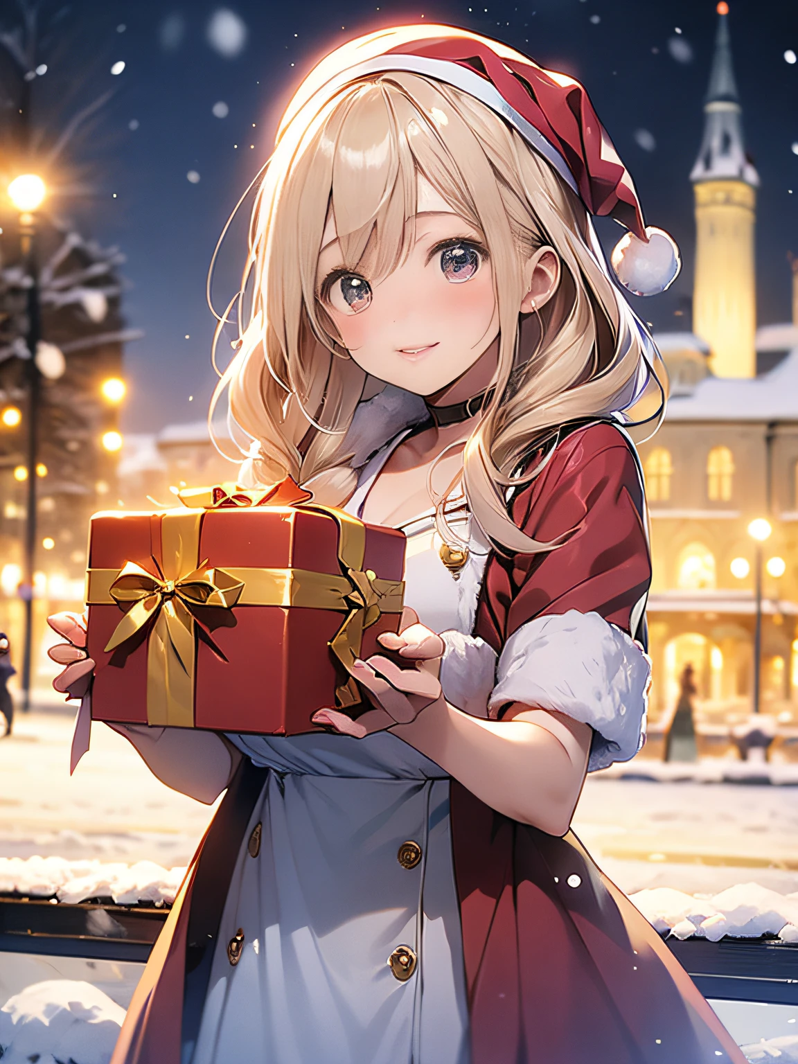 in 8K、top-quality、​masterpiece、ultra-detailliert、Ultra-high resolution、1 persons、17 years old girl、It's snowing、nightcity、a blond、santa costume、deliver a present