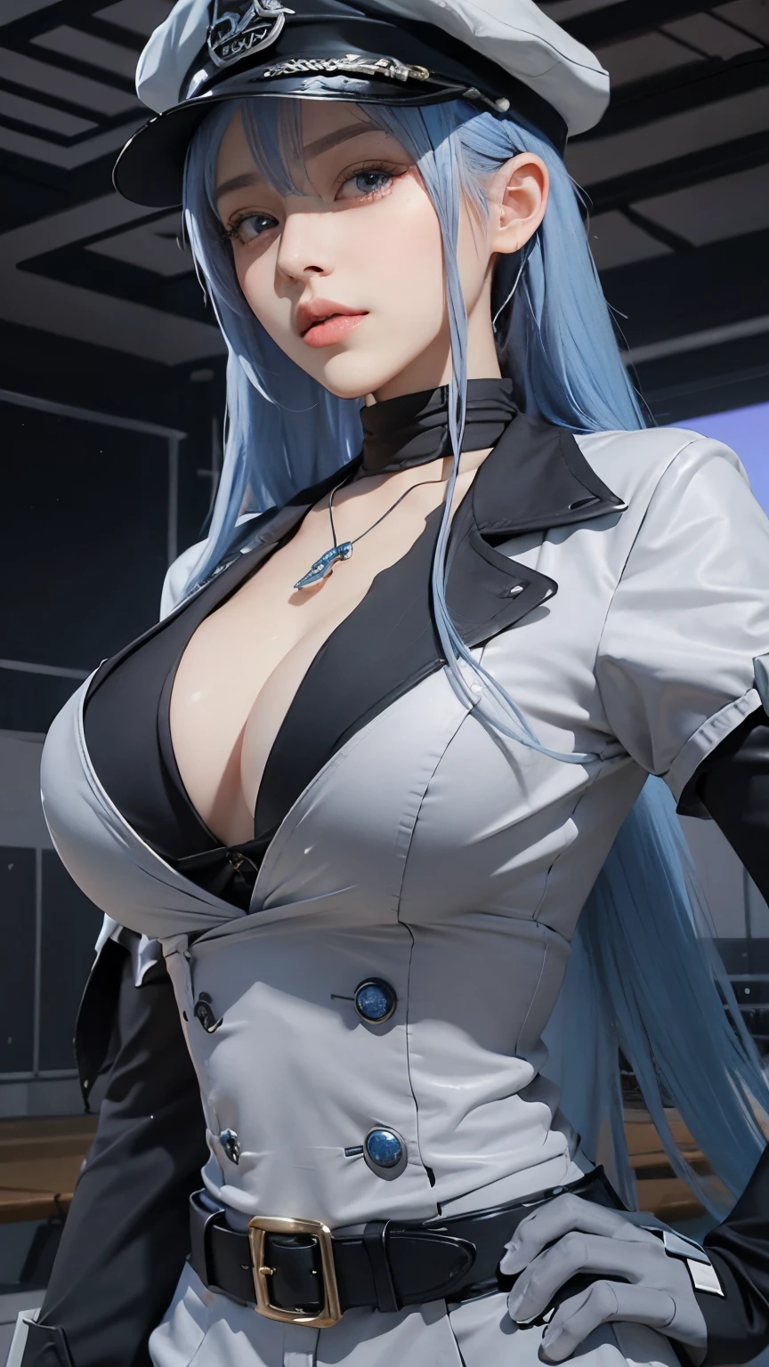 1girl, realistic, esdeath, sky blue hair, best quality, high resolution, highly detailed, big brestes