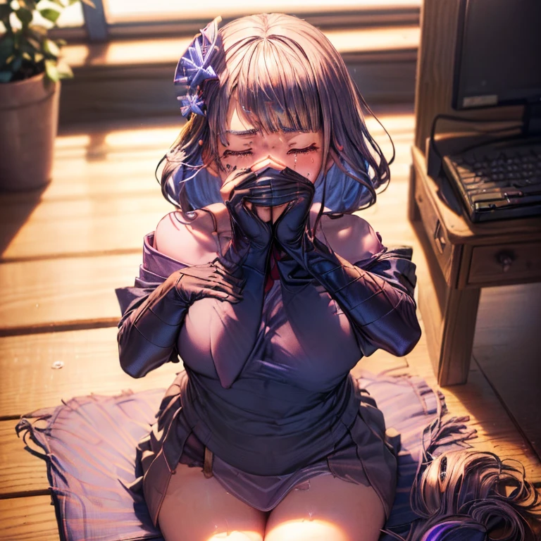 covering nose, upward looking gaze、closed her eyes,((student clothes)),(((syncope))),((shed tears)),((silber hair)),((((Girl is surprised when she smells the bad smell of farts)))),((((please cover your face with your hands。'There'no smell)))