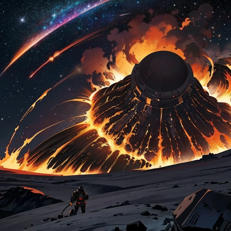 Black holes in the distance are ravaging the Milky Way,Located in space,Deep starry sky,the boundless universe,mistic,fantasy,erupting volcano,It's full of danger,Magma everywhere