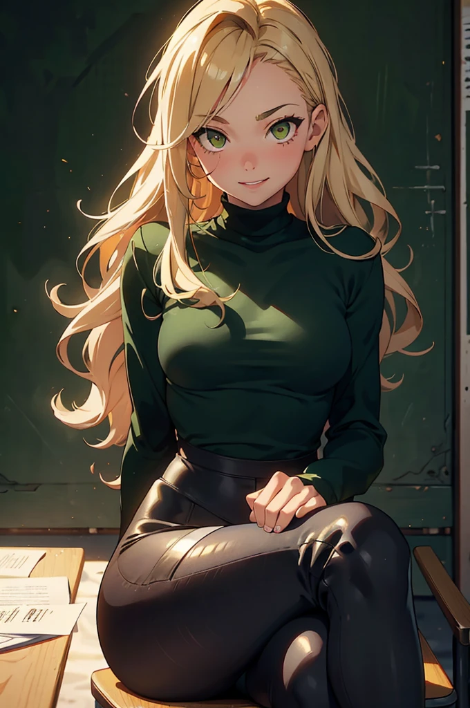 1girl, solo, , loose blond hair, wearing crimson leggins and dark green sweather, sitting on chair in classroom, crossing legs, smiling embarassed, side view, bare forehead, hooked nose, puffy cheeks, small breast, alluring, flirty, detailed face, detailed yellow eyes, detailed irises, thick fleshy lips, medieval, ecchi, high res, best quality, ultrasharp, 8K, masterpiece, cinematic, breedable, submissive, sexy, hot, green wall behind