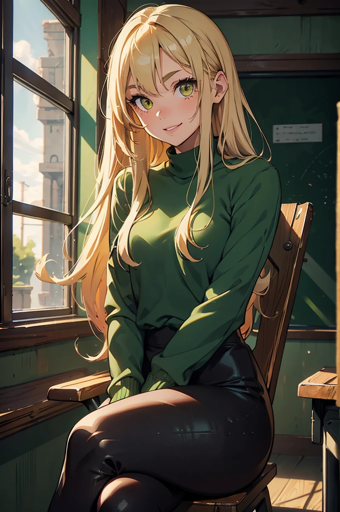 1girl, solo, , loose blond hair, wearing crimson leggins and dark green sweather, sitting on chair in classroom, crossing legs, smiling embarassed, side view, bare forehead, hooked nose, puffy cheeks, small breast, alluring, flirty, detailed face, detailed yellow eyes, detailed irises, thick fleshy lips, medieval, ecchi, high res, best quality, ultrasharp, 8K, masterpiece, cinematic, breedable, submissive, sexy, hot, green wall behind