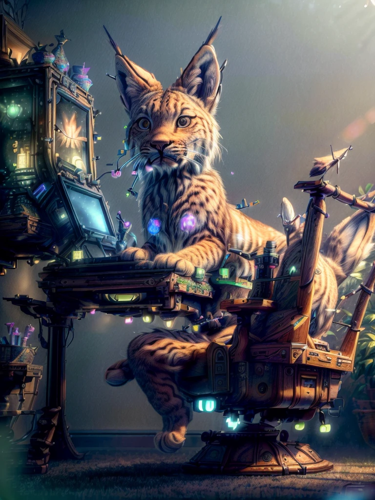 (best quality,4k,8k,highres,masterpiece:1.2),ultra-detailed,(realistic,photorealistic,photo-realistic:1.37), epic realistic photography, a drawing of a (cute (lynx) playing in gaming chair, playing computer games), with computer game room in back room