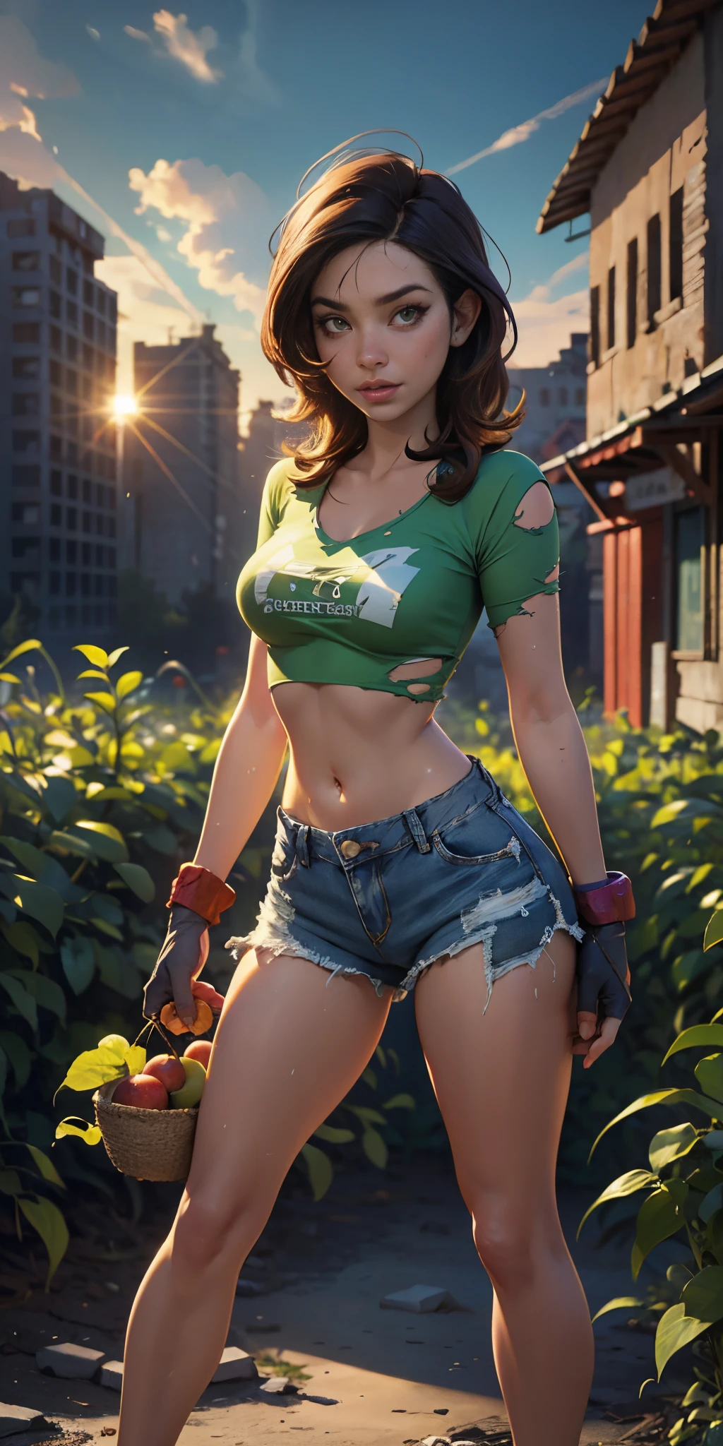 2076 year. N.uh. The Urban Ruins of the Wasteland, Female huntress picking fruit in the garden, beautiful face, torn shirt and denim shorts , sweating through, sun rising, Nice warm colors, head to toe full body shot