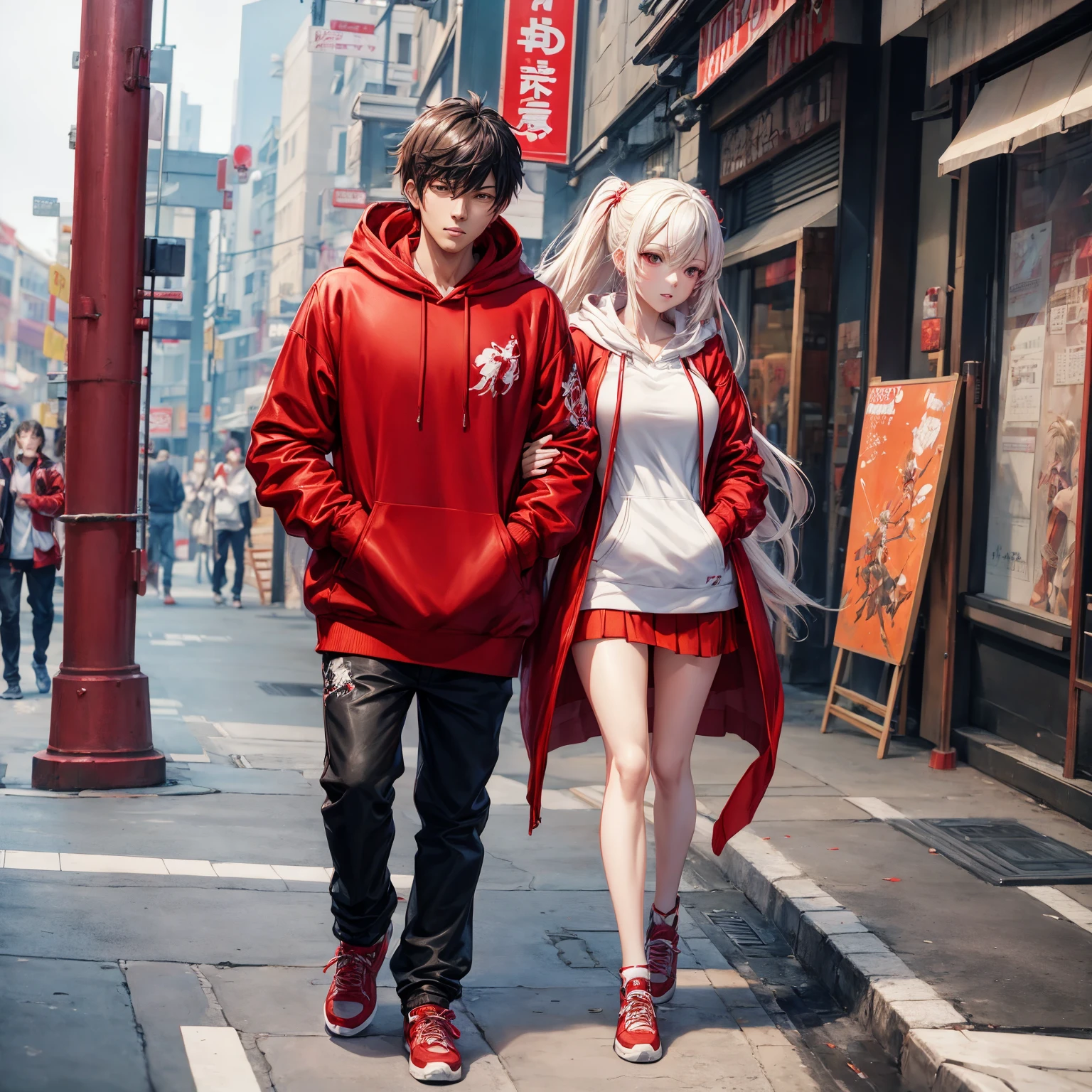anime couple in red and white hoodies walking on the street, trending on cgstation, realistic 3d anime style, guweiz style artwork, realistic clothing, smooth anime cg art, 3d realistic anime, wearing red hoodies, krenz cushart and wenjun lin, wearing red hoodies, ilya kuvshinov. 4k