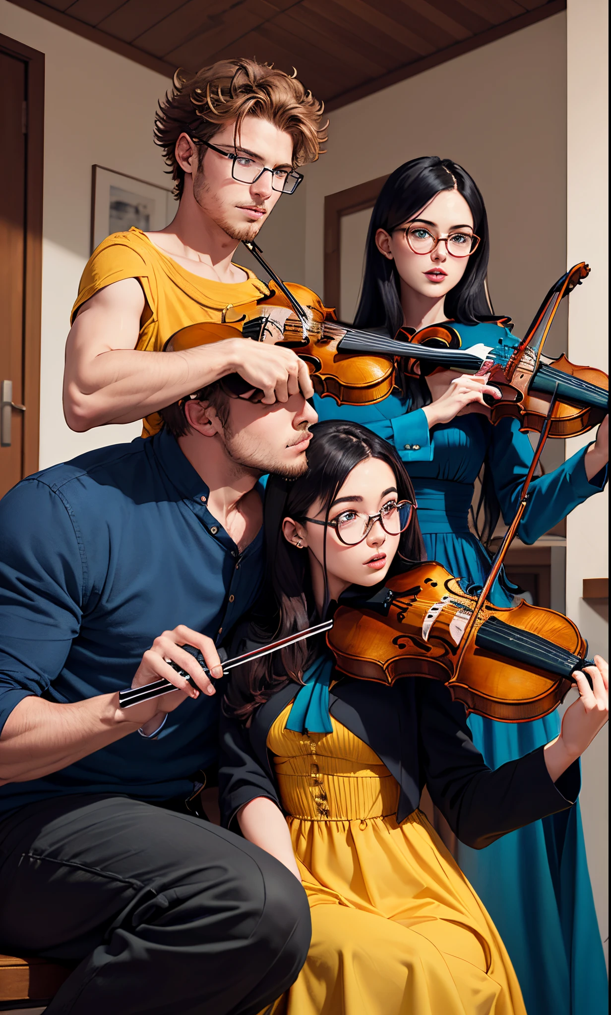 Garoto moreno de terno azul marinho tocando violino, and next to him a white girl with glasses and wearing a yellow dress
