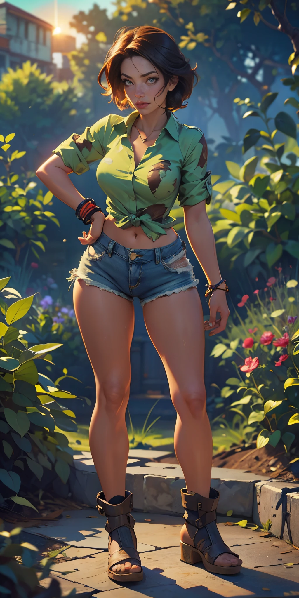 2076 year. N.uh. The Urban Ruins of the Wasteland, Female huntress picking fruit in the garden, beautiful face, torn shirt and denim shorts , long legs, sweating through, sun rising, Nice warm colors, head to toe full body shot