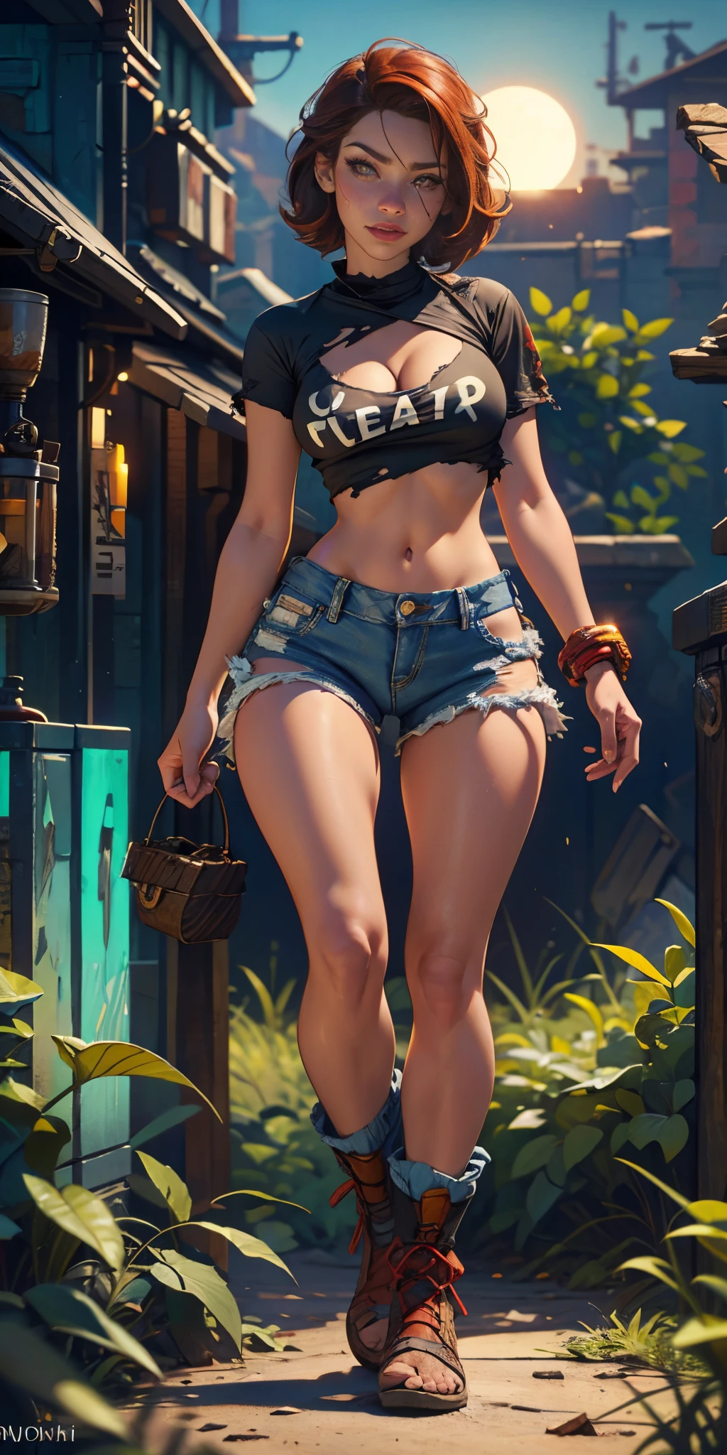 2076 year. N.uh. The Urban Ruins of the Wasteland, Female huntress picking fruit in the garden, beautiful face, torn shirt and denim shorts , long legs, sweating through, sun rising, Nice warm colors, head to toe full body shot