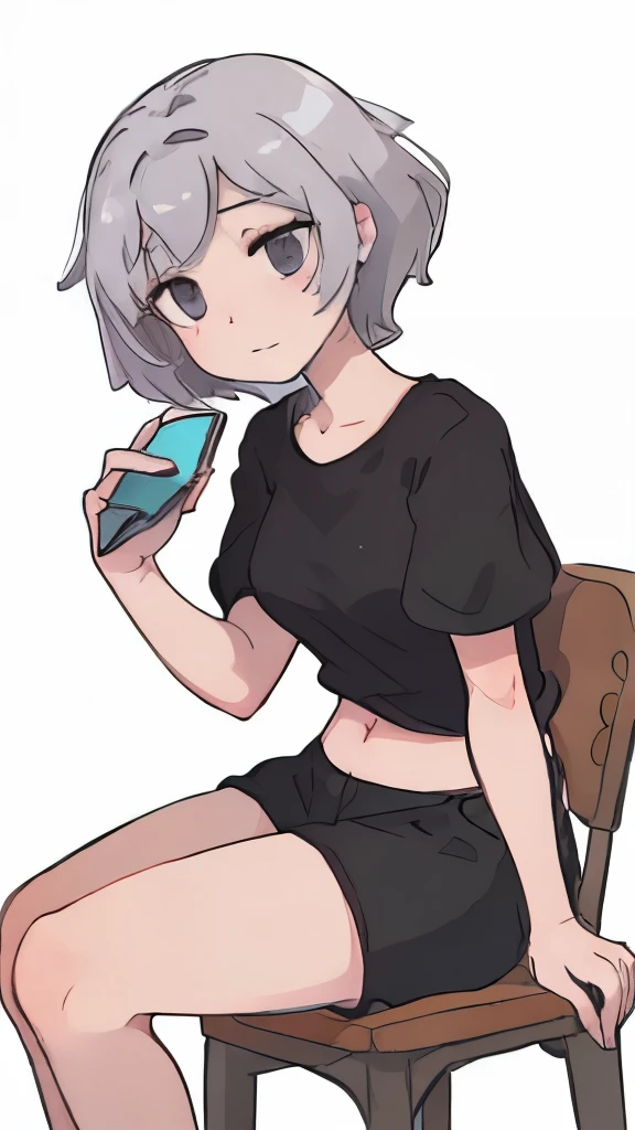 a woman, sitting on a chair, in her right hand she holds her cell phone, facial expression of anger, sexy body, medium breasts, thick thighs, white background.