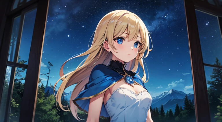 masterpiece, best quality, nude, marianne_timeskip, halfway off blue dress, capelet, dark alpine forest, standing, night, looking up, upper body, detailed face