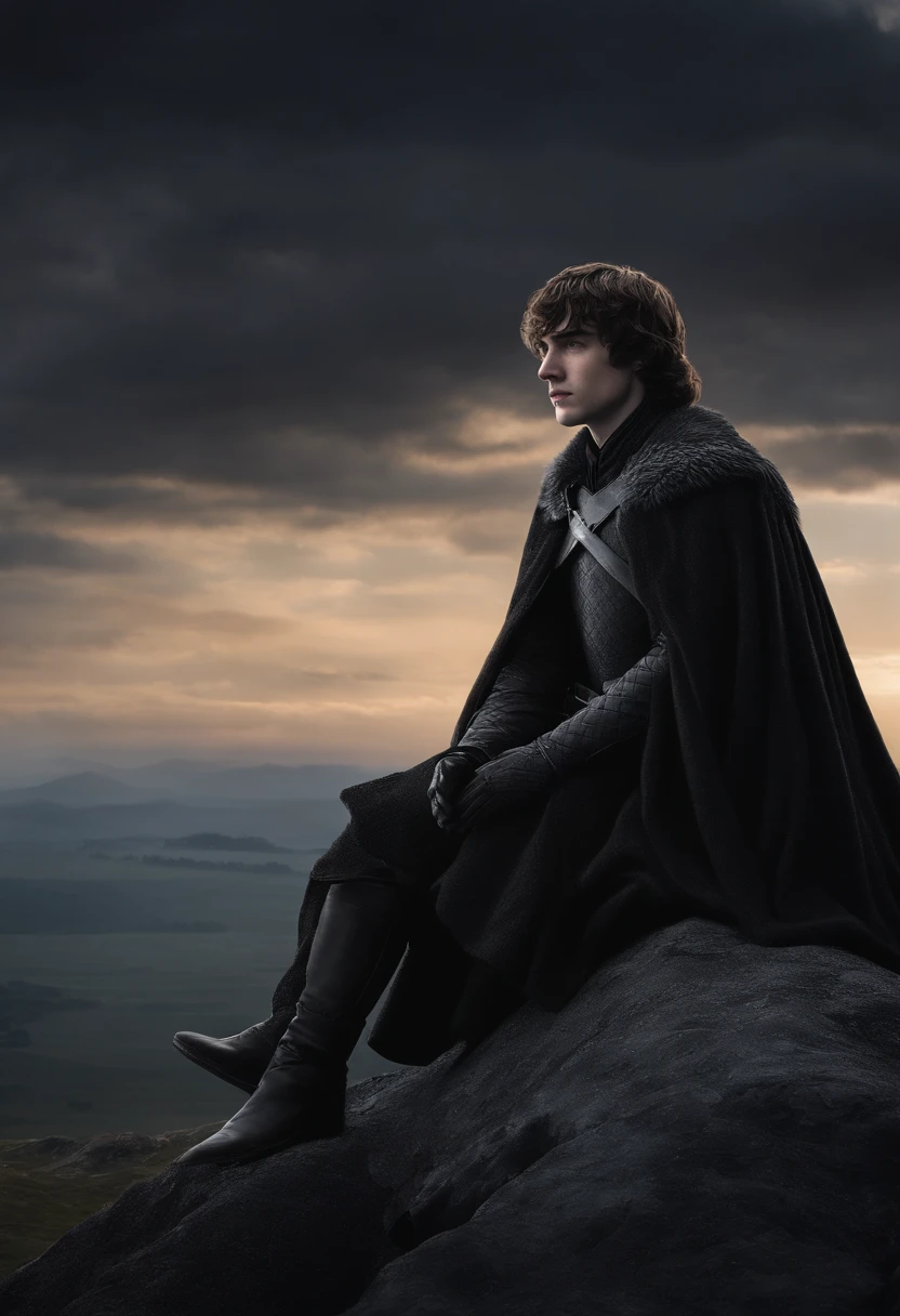 The image is of Bran sitting at the top of the Black Wall, overlooking the vast lands of the Night's Watch.,A Song of Ice and Fire series,Bran Stark, a central character in “Game of Thrones,” initially appears as a young boy with a curious and adventurous spirit, featuring tousled hair and the traditional Stark attire of the North. After his fall and subsequent paralysis, his physical appearance becomes more subdued, reflecting the seriousness of his journey and transformation.