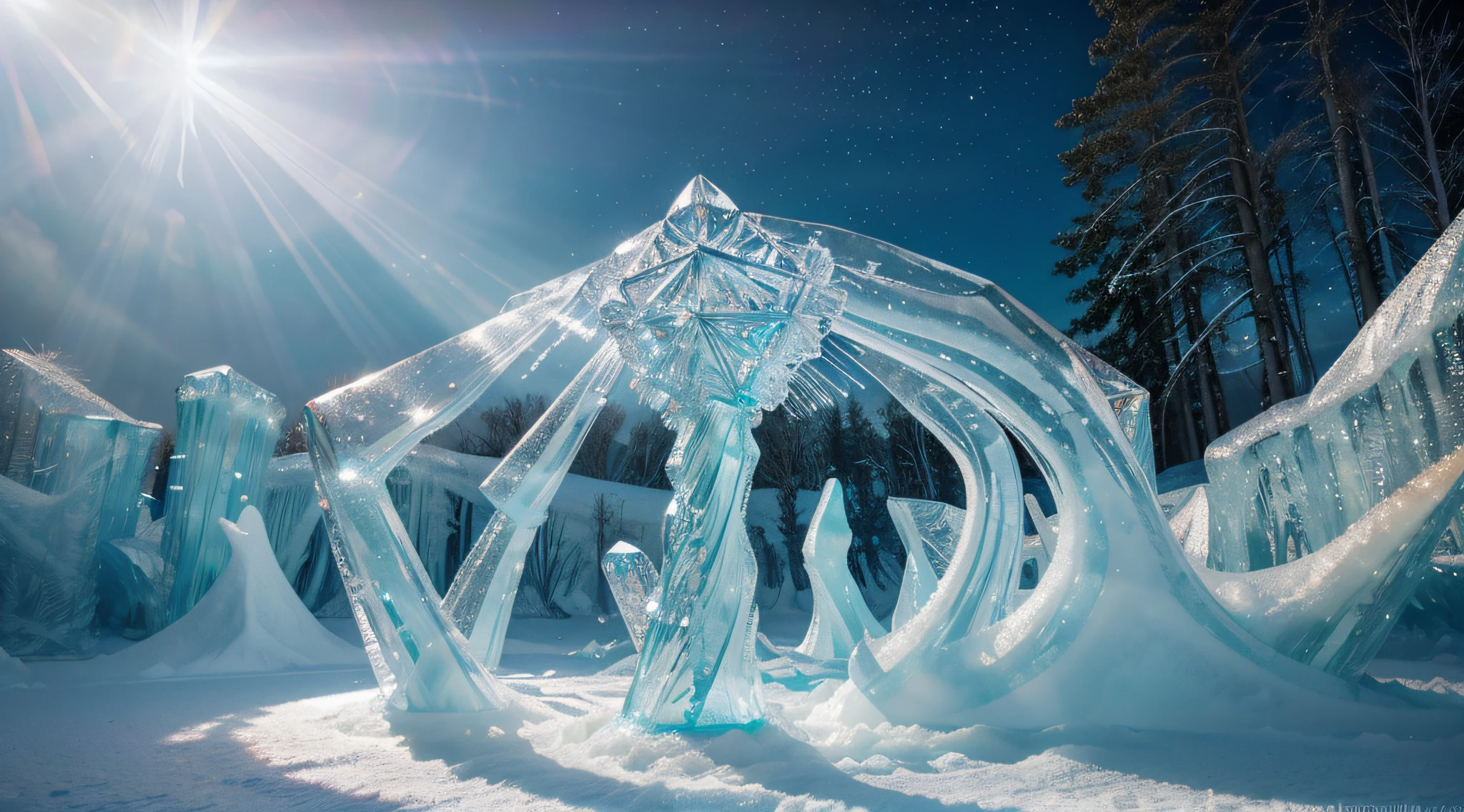 surreal ice monument,fantasy,sun rays,christmas,(best quality,4k,8k,highres,masterpiece:1.2),ultra-detailed,(realistic,photorealistic,photo-realistic:1.37),crystal-clear ice,ethereal atmosphere,glowing sculptures,spectacular ice formations,magical winter wonderland,frozen landscape,enchanted forest,floating ice crystals,sparkling snowflakes,playful reindeers,celestial light,pristine white world,glistening ice shards,mystical aura,whimsical structures,ethereal glow,enchanted glow,illusory shapes,luminous ice spirals,emerald green aurora,glacial cathedral,frosty textures,dreamlike scenery,crystalline reflections,mesmerizing patterns,serene beauty,captivating brilliance,frozen stillness,magical glow,translucent ice structures,enchanting ambiance,surreal frozen sculptures,striking ice carvings,vibrant colors,illuminating brilliance,otherworldly artistry,splendid beauty,visions of wonder,colossal ice formations