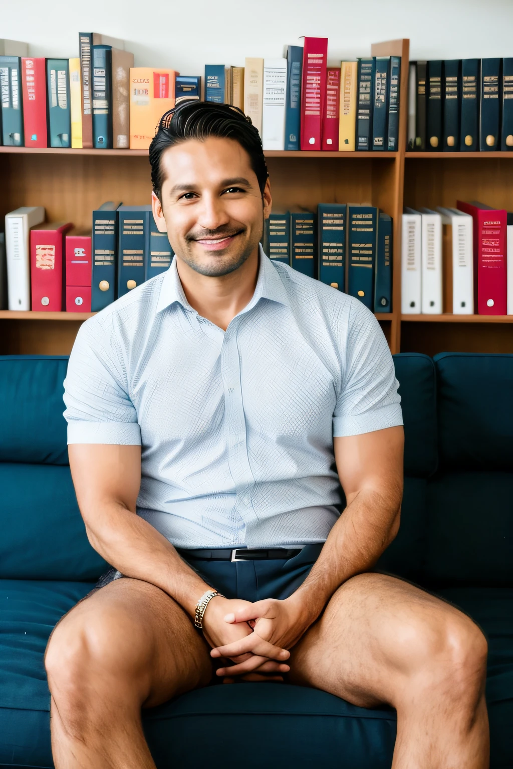 There is a man who is sitting on a couch in an office full of books, 38 anos, 3 6 anos, (38 anos), 4 0 anos homem, 3 2 anos, 3 5 anos, 35 anos, 45 anos homens, 2 9 anos, 2 7 anos, 4 5 yo,