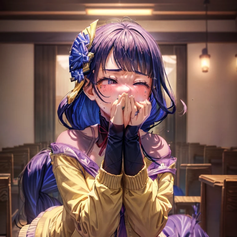 Yellow smoke covering her face, covering nose, upward looking gaze、closed her eyes,((student clothes)),(((syncope))),((shed tears)),((((Girl is surprised when she smells the bad smell of farts)))),((((please cover your face with your hands。'There'no smell)))
