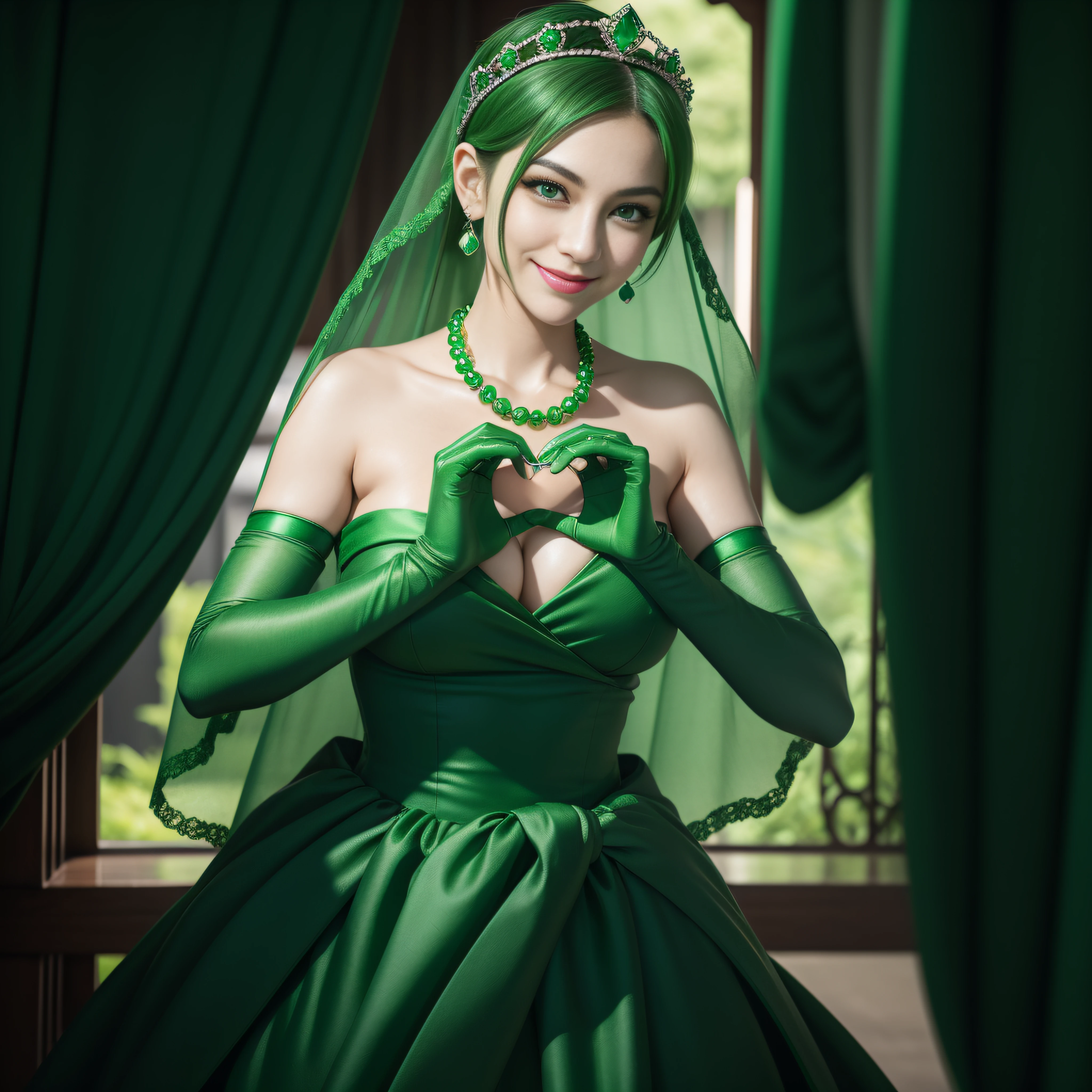 emerald tiara, Green Pearl Necklace, Boyish very short green hair, lipsticks, Japan woman smiling, very short short hair,  big breasts beautiful, Green eyes, Long green gloves made of satin material, Green eyes, Emerald Earrings, green vale, Heart with both hands