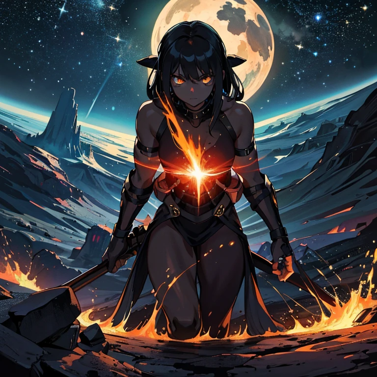 Black holes in the distance are ravaging the Milky Way,Located in space,Deep starry sky,the boundless universe,mistic,fantasy,creatures emerge from a rift in the sky, erupting volcano,It's full of danger,Magma everywhere, terrifying creatures emerge from a hole in the sky