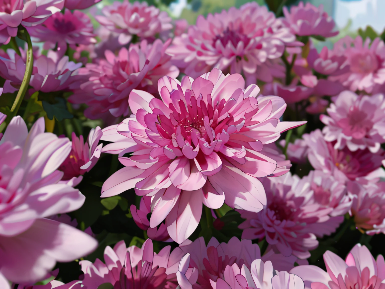 There is a large group of pink flowers in the grass., Chrysanthemums EOS-1D, Chrysanthemums, Chrysanthemums, Flowers with very long petals, Rose petals, pink flowers, Very high flowering,, Flowering and flowers in the background, solid decorative, approx. 3 5 years, long petals, Masterpiece, Best Quality, hiquality, CG Unity 8k wallpapers with excellent detail, charming and dreamy scenes of a large AA sailboat on a narrow river in a fantasy forest, tall trees, hidden fairy valley, create a feeling of mystery and magic, Artstation, etc. Complex, trends, award-winning photo, bokeh, Depth of field, HDR, bloom, chromatic aberration, Photorealistic, Very detailed, trends on ArtStation, Tendencies in CGsociety, Complex, high detail, Drama, art MidjourneyPink Heaven