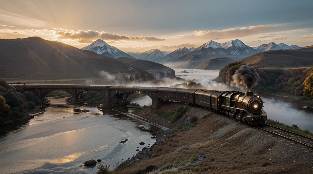 Large landscape, mountains, golden hour, ultra realistic, foggy, cinematic, steam train with turn on lights, spot lights on the train, that train on the high bridge over river, god rays, epic, movie scene, ultra detailed, 24mm lens, dark