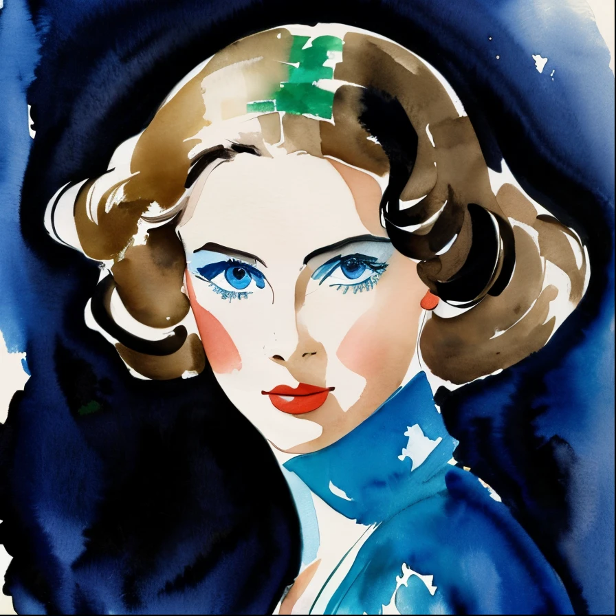 Blonde woman, green eyes, blue 19 century dress elegant, David Downton watercolor fashion illustration, romantic, spring colors