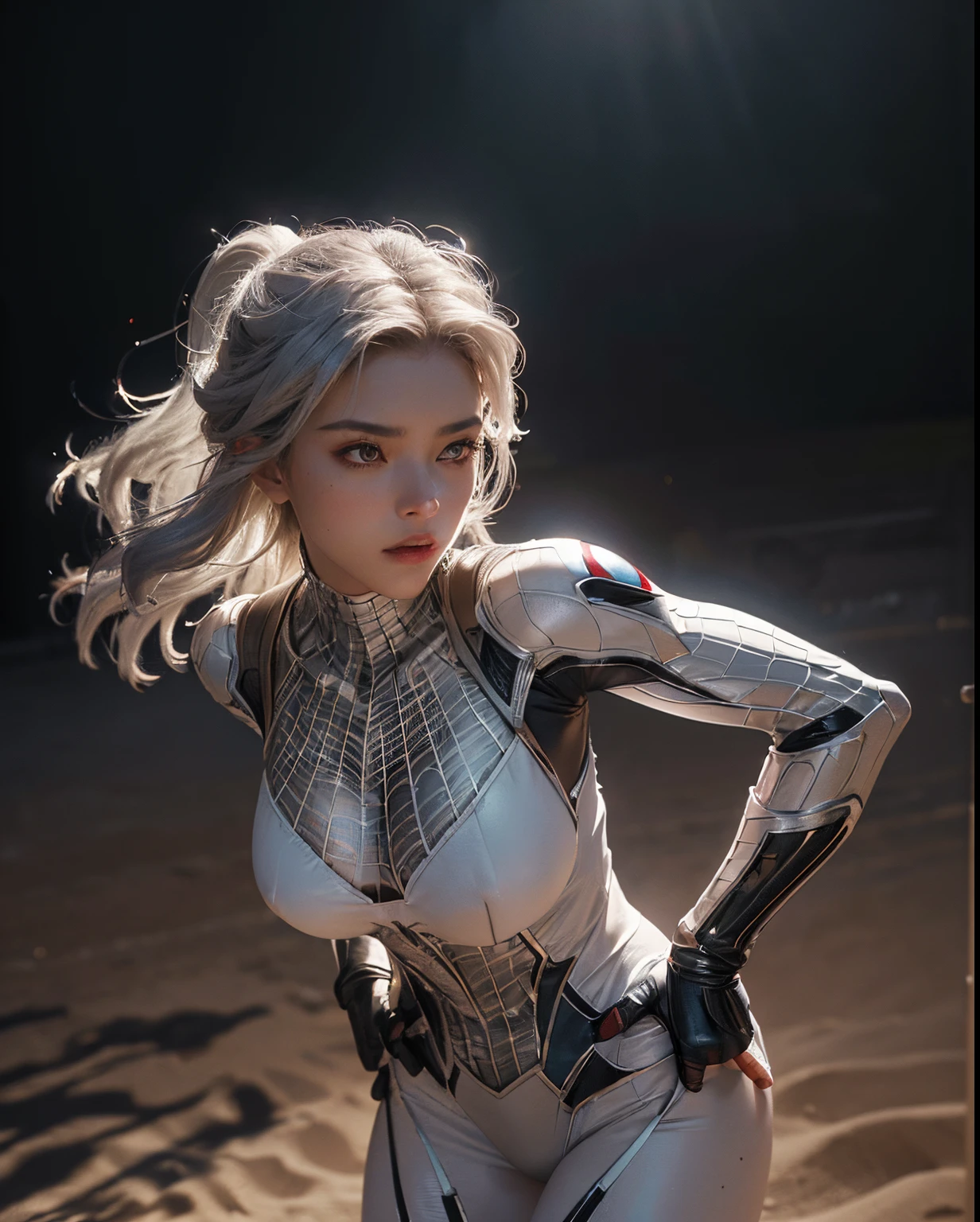 (Extreme Detail CG Unity 8K wallpaper, masterpiece, highest quality), (Exquisite lighting and shadow, highly dramatic picture, Cinematic lens effect), a girl in a white Spider-Man costume, microkini, silver gray hair color, from the Spider-Man parallel universe, Wenger, Marvel, Spider-Man, fights, in the sand, background UFO, dynamic pose), (excellent detail, excellent lighting, wide angle), (excellent rendego on desert, enough to stand out in its class), focus on white Spider-Man costumes, complex spider textures