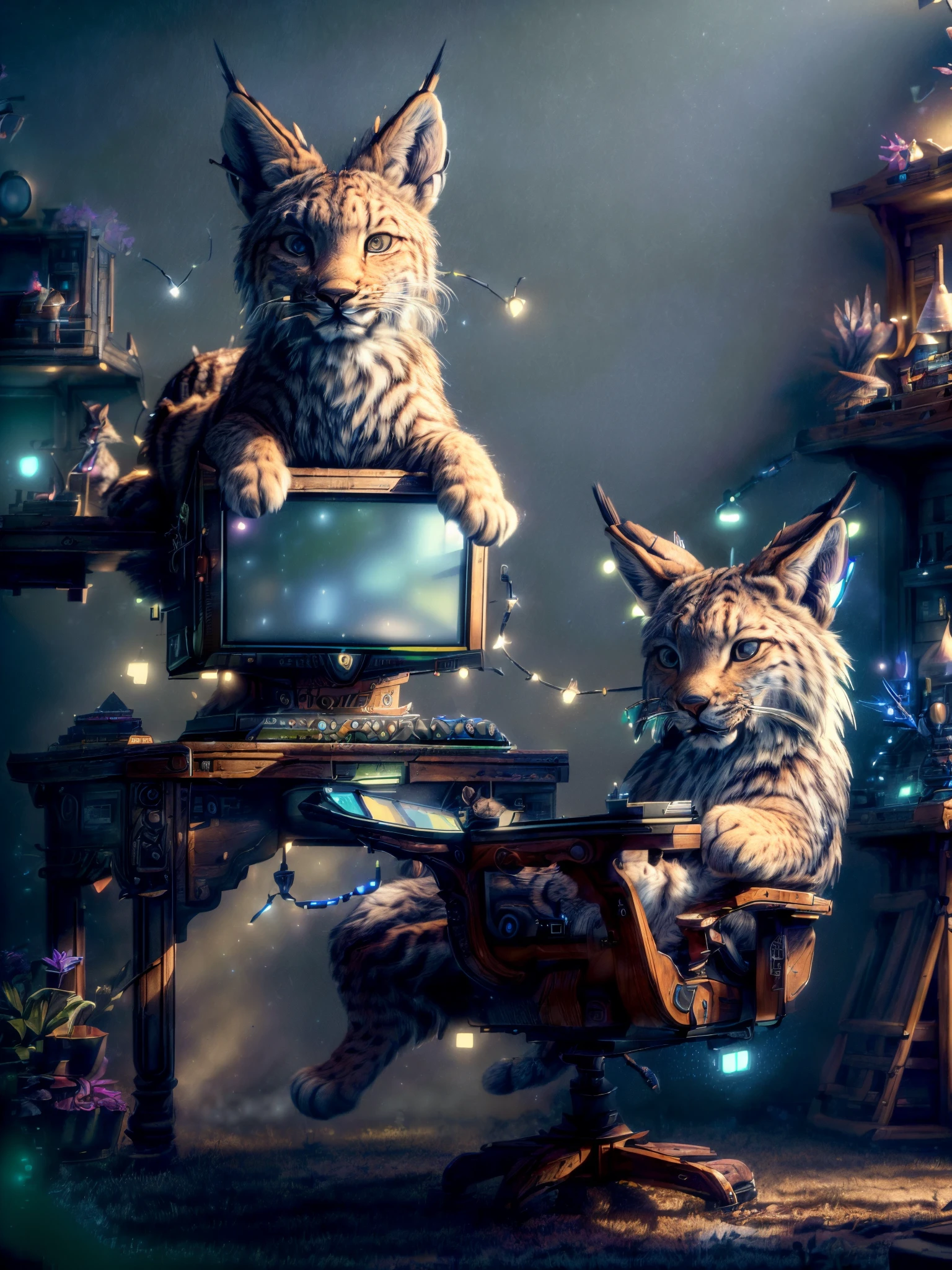 (best quality,4k,8k,highres,masterpiece:1.2),ultra-detailed,(realistic,photorealistic,photo-realistic:1.37), epic realistic photography, a drawing of a (cute (lynx) playing in gaming chair, playing computer games), with computer game room in back room