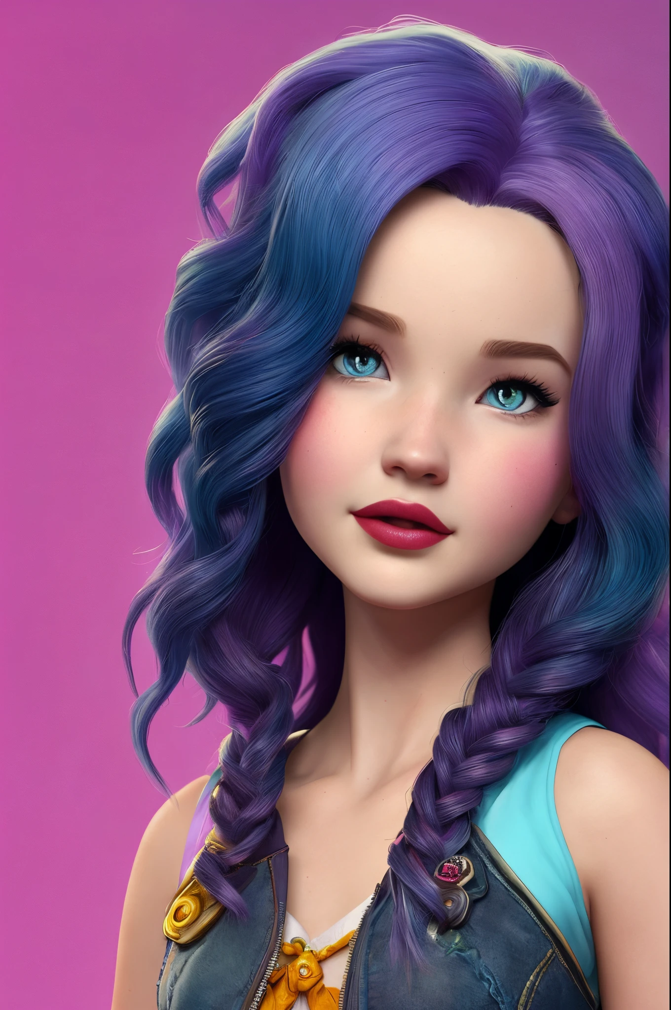 make a Disney Pixar style illustration of the character Evil from the film Descendants with baelos and purple eyes , using actress Dove Cameron as a base, Get inspired by the evil character from the film Descendants