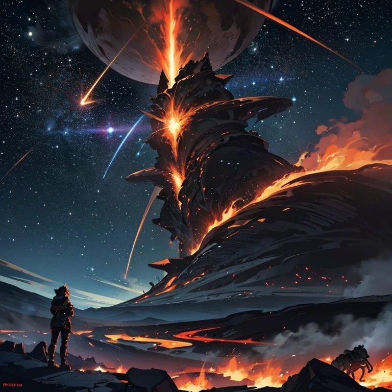 Black holes in the distance are ravaging the Milky Way，Located in space，Deep starry sky，the boundless universe，mistic，fantasy，creatures emerge from a rift in the sky, erupting volcano，It's full of danger，Magma everywhere, smoke clouds form image of a fierce jaguar