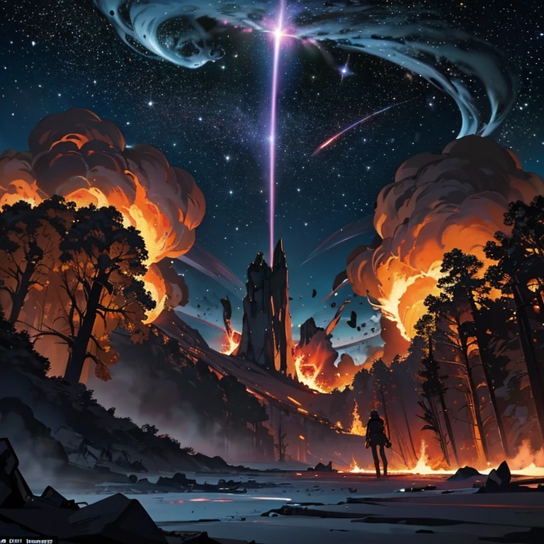 Black holes in the distance are ravaging the Milky Way，Located in space，Deep starry sky，the boundless universe，mistic，fantasy，creatures emerge from a rift in the sky, erupting volcano，It's full of danger，Magma everywhere, smoke clouds form image of a fierce jaguar