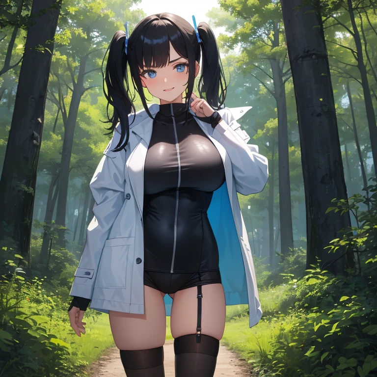 ((1 woman in sexy transparent underwear)),((big breasts)),((happy face, in a forest)),((wet pussy, erect nipples, squeezing her breasts)),((pubic hair very large)),((short light black hair, with very large bangs covering the face and falling down the body)),((standing in front of the viewer, in a forest)),