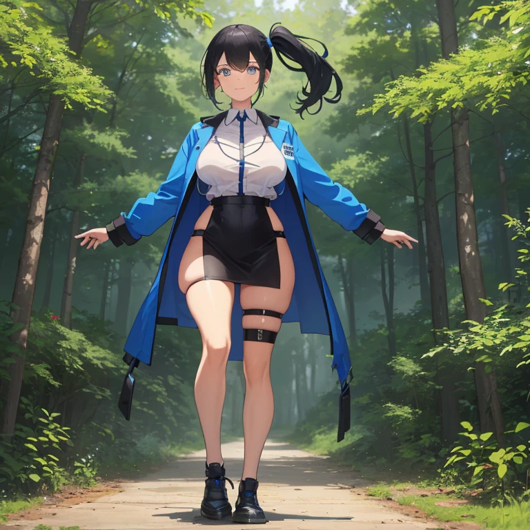 ((1 woman with transparent panties, with a scientists coat)),((just a biomechanical brat)),((big breasts)),((happy face, in a forest)),((wet pussy, nipples erect)),((very large pubic hair)),((short black hair with a side ponytail, with very large bangs covering the face and falling down the body)),((one blue eye, one biomechanical eye)) ,((standing facing the viewer,in a forest)),