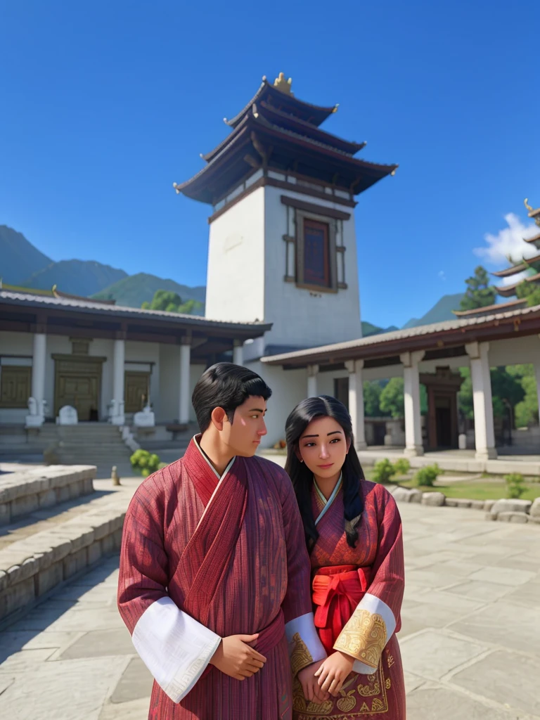 arafed couple in traditional clothing standing in front of a building, in front of a temple, in front of the temple, wearing traditional garb, traditional clothes, bhutan, temple in the background, traditional dress, yiqiang and shurakrgt, 🤬 🤮 💕 🎀, with mountains in the background, with a chinese temple, vacation photo