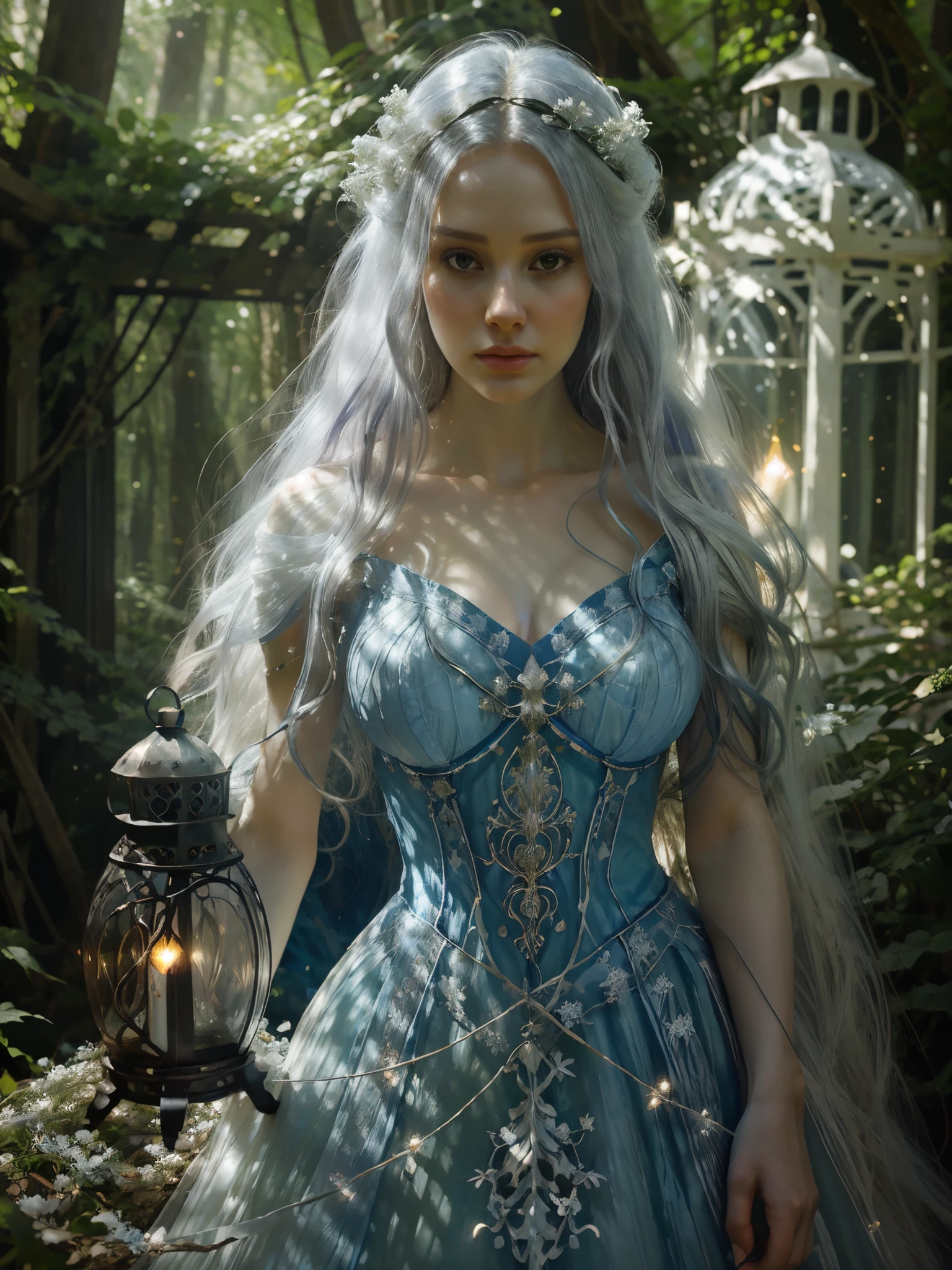 arafed woman in a blue dress holding a lantern in a forest, digital art inspired by Cynthia Sheppard, tumblr, fantasy art, long glowing ethereal hair, white witch, fantasy gorgeous lighting, a stunning young ethereal figure, ethereal fairytale, beautiful maiden, karol bak uhd, lori earley, with long white hair, beautiful fantasy maiden