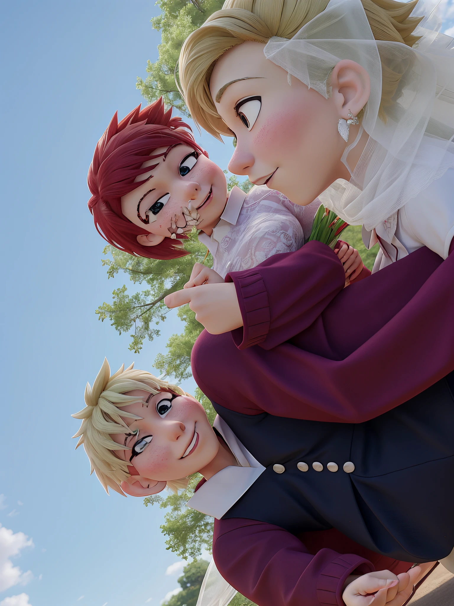Two cosplayers getting married, left is katsuki bakugo from my hero academia, right is eijirou kirishima from my hero academia, background is a beautiful park, silly wedding photo, cosplays