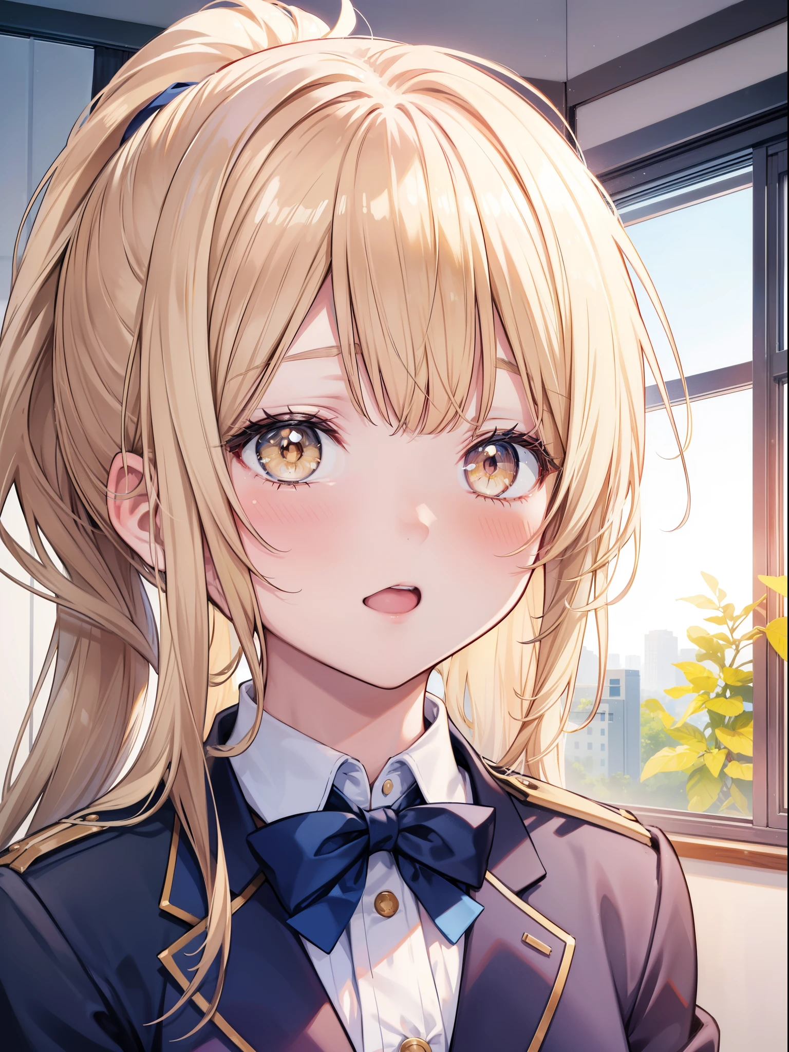 (half body close up face photo), Shiina Mahiru, long blonde hair with square bangs, ponytail, big golden eyes, blushing, open mouth, school uniform with blue blazer and white shirt, looking cutely at the camera, in a room