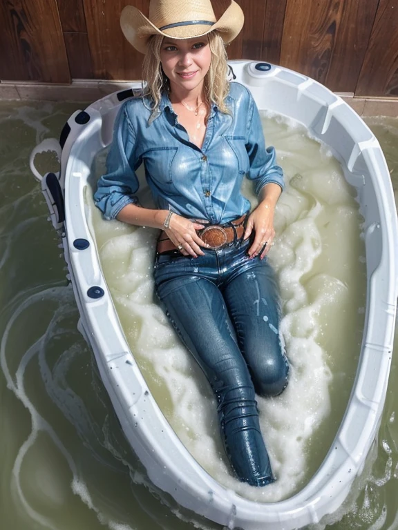 (((woman bathing in Chambray blouse and navy blue skinny jeans and belt and cowboy boots and cowboy hat))), ((wet hair)), soaking wet, SoakingWetClothes, (((show boots))), inviting smile, water pouring through clothes, ((NSFW)), nipples showing through wet blouse, v-neck blouse with cleavage showing, ((short curly wet blonde hair)), blue eyes, (((reclining in a huge bathtub partially submerged, (((large bathtub))), clear water, clean water, woman's legs are spread,