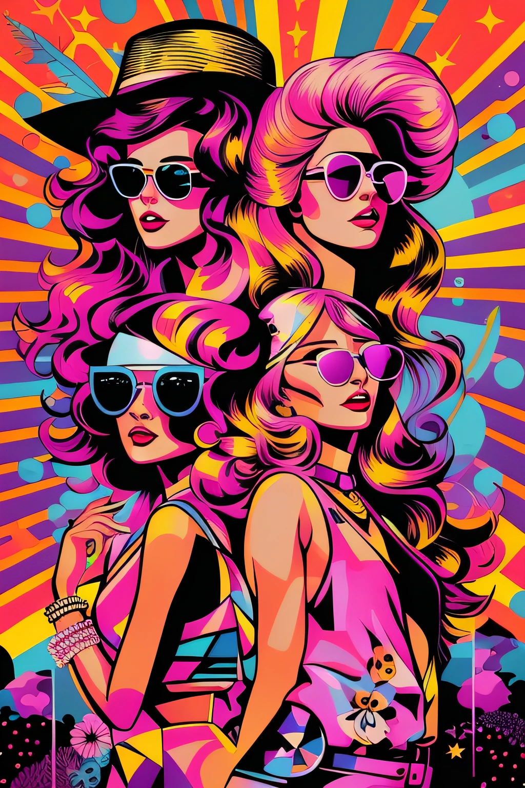 a poster of three women in sunglasses and hats with a sunbeam background, Jen Bartel, in illustration style digital, em estilo de pop - arte, beautiful retro art, 8 0 ies aesthetics, pop - estilo de arte, 8 0 - Cartaz estilo s, arte colorida do filme, estilo pop art, Arte de Alessandro Pautasso, illustration style, arte pop de fantasia