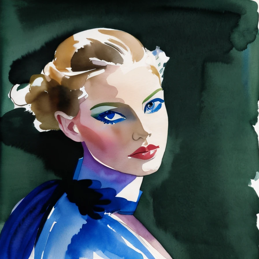 Blonde woman, green eyes, blue 19 century dress elegant, David Downton watercolor fashion illustration, romantic, spring colors