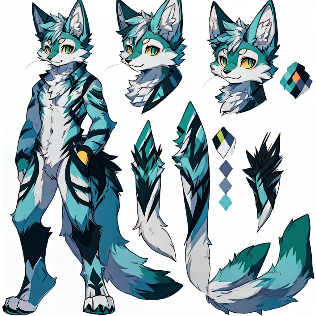 White, light blue, green cat/wolf 1.80meters tall hybrid furry reference sheet with 4 tails