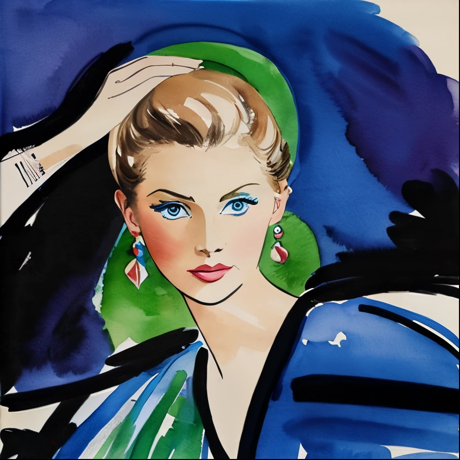 Blonde woman, green eyes, blue 19 century dress elegant, David Downton watercolor fashion illustration, romantic, spring colors