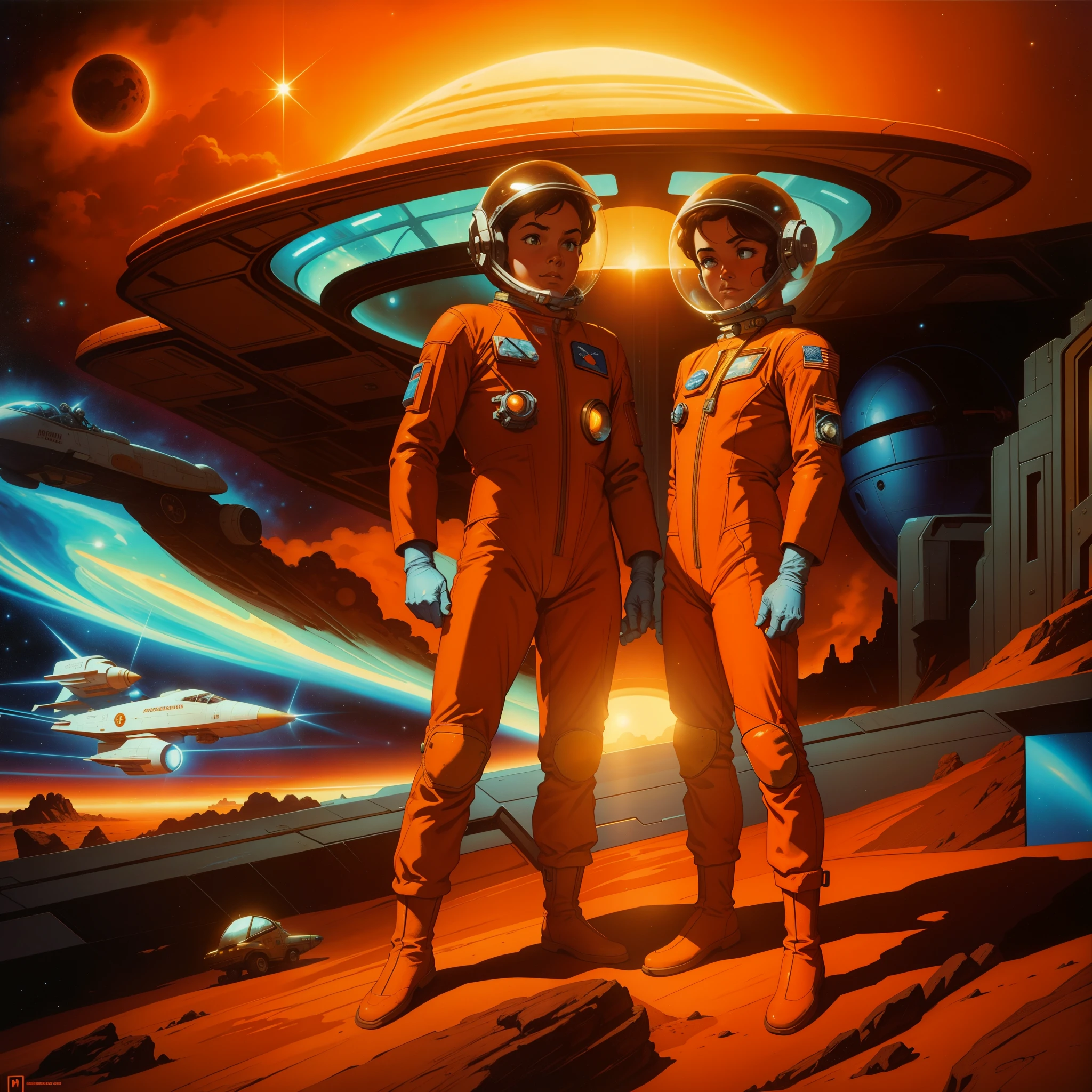 astronauts with beautiful faces in orange spacesuits against the background of a spaceship on Mars against the background of a light sky, Day, Ретро Sci - Fi Art, Tim Hildebrandt, Retro 1 9 6 0 C Sci-fi art, Vintage sci-fi art, Bob Ringwood, Retro Sci - Fantastic picture, Astronauts and space colonies, by David G. Sorensen, Ed Emschwiller, Wayne England